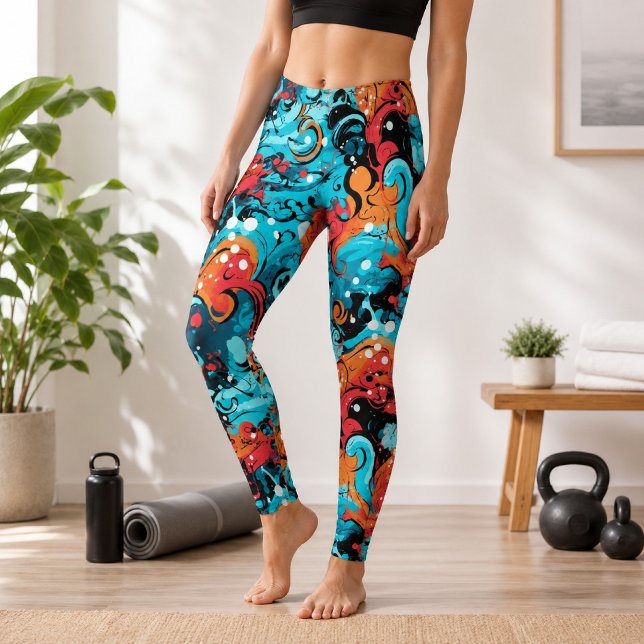 Legging Onda do Oceano de Coral Turquesa Arte Fluida Abstr (Criador carregado)
