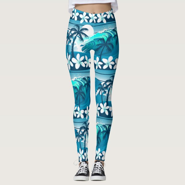 Legging Onda tropical de surf com palmeiras (Frente)