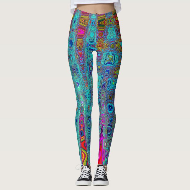 Legging Ondas Atômicas Abstratas Azul Céu Trippy Retro (Frente)
