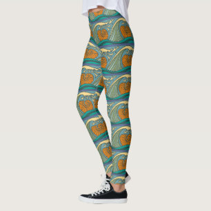 Legging Ondas do Oceano Azul Padrão de Concha de Nautilus 