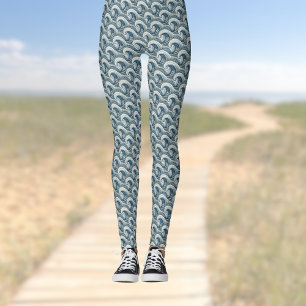 Legging Ondas e Flores da Praia Polinésia Padrão Étnico