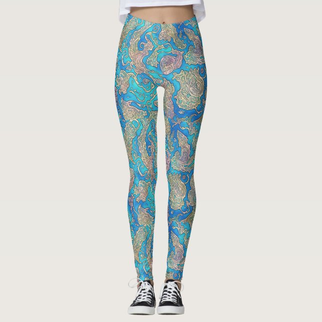 Legging Ondas Marinhas Azuis Turquesa Abstratas Únicas (Frente)