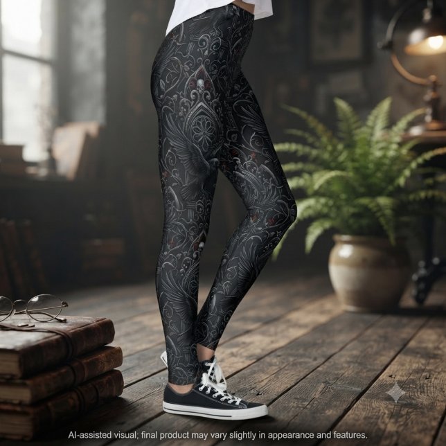 Legging Onyx Temperamental Vitoriano Filigrana Dark Academ (Intricate gothic leggings for dark academia lovers seeking dramatic evening wear.)