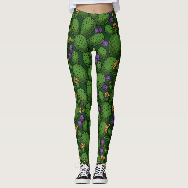 Legging Opuntia florescente em verde escuro (Frente)
