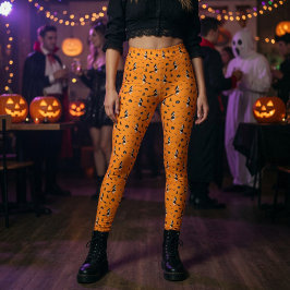 Legging Orange Halloween com bruxas e gatos pretos