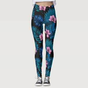 Legging Orchids and palm leaves, pink and blue on black