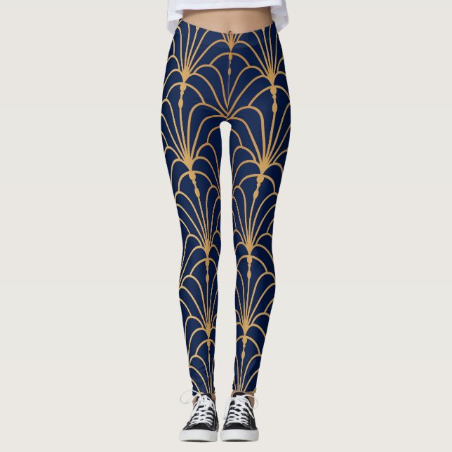 Legging Oriental Elegance: Padrão do ventilador do Ouro (Frente)
