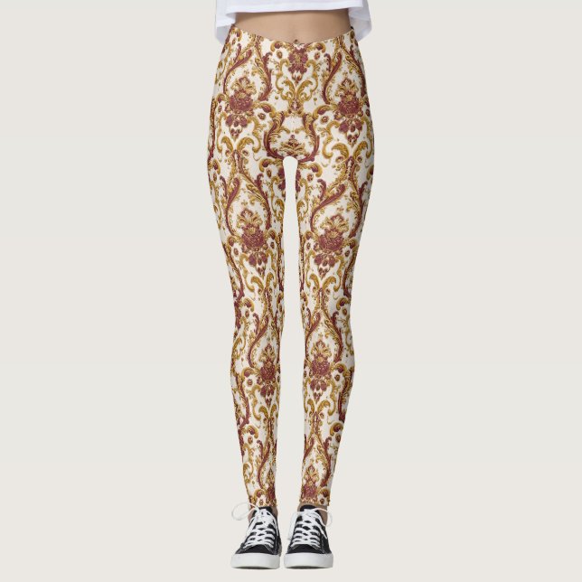 Legging Ornamento Barroco de Marfim com Dourado e Burgundy (Frente)