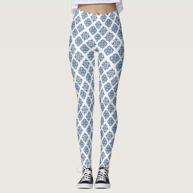 Legging Ornamento bordado azul no branco (Frente)