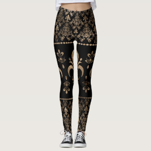 Legging Ornamento de luxo preto e ouro Fleur-de-lis