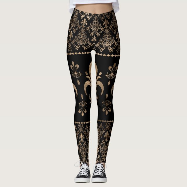 Legging Ornamento de luxo preto e ouro Fleur-de-lis (Frente)