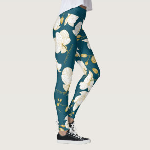 Legging Orquídea elegante, branca e azul, Dourada, moderna