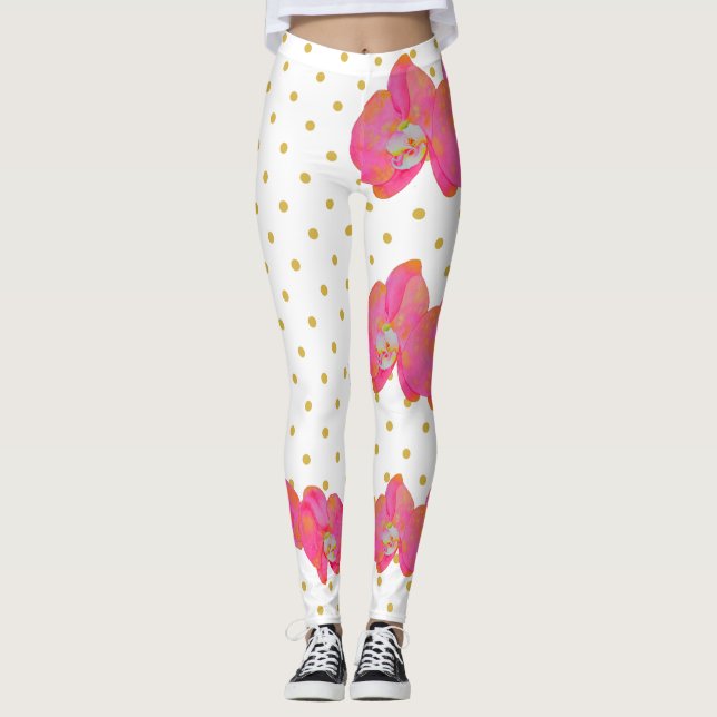 Legging Orquídea Rosa Divertida, polkaDots dourados (Frente)