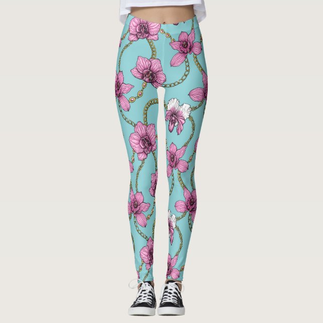 Legging Orquídeas e correntes, rosa e azul (Frente)