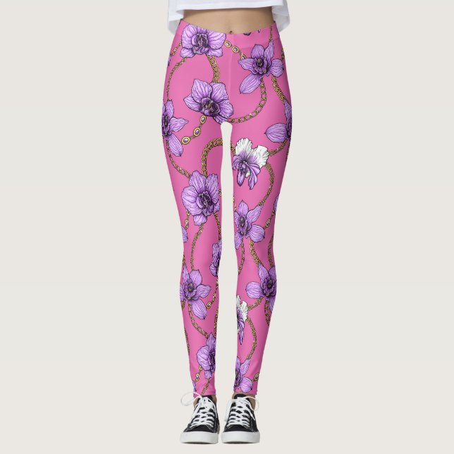 Legging Orquídeas e correntes, violetas e rosa (Frente)