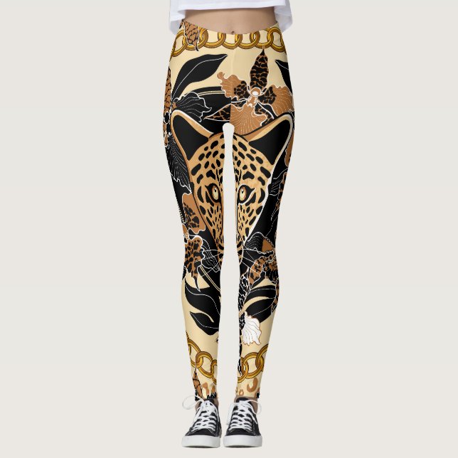 Legging Orquídeas-leopardo Padrão Tropical Sem Semente (Frente)