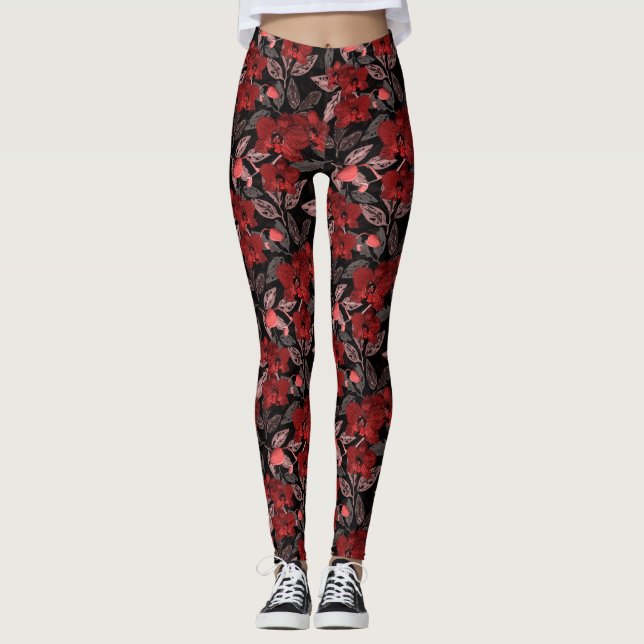 Legging Orquídeas vermelhas em preto. (Frente)