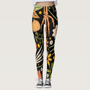 Legging Ossos de Halloween, padrão floral uniforme.