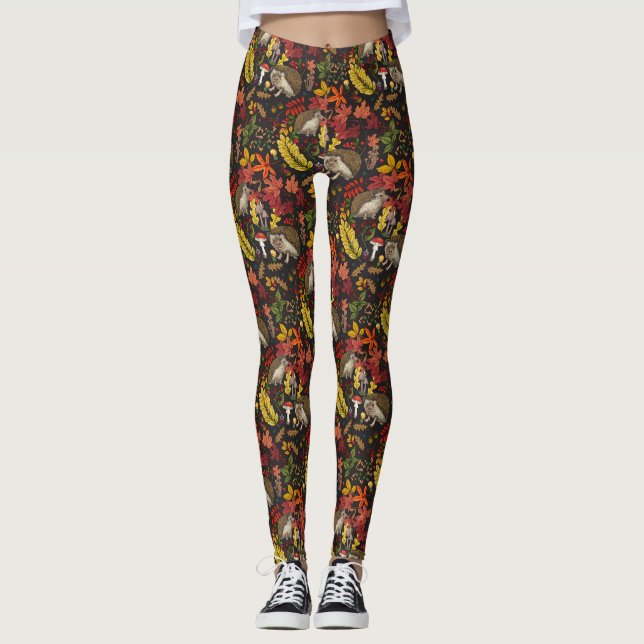 Legging Ouriços e flora da floresta outonal em preto (Frente)