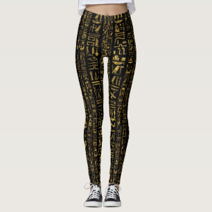 Legging Ouro egípcio do vintage dos hieroglyphs no preto