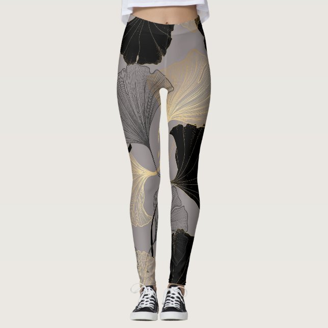 Legging Ouro elegante Ginkgo, fundo vintage. (Frente)