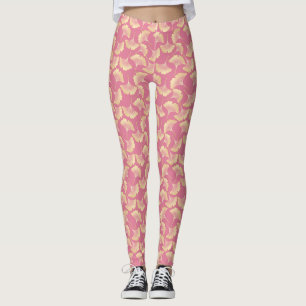 Legging Ouro Escandinavo Padrão Botânico Rosa Ginkgo