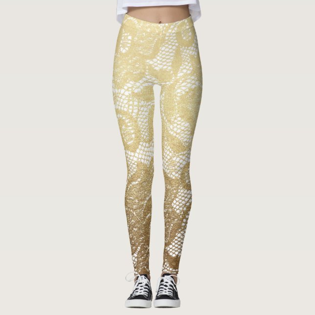 Legging Ouro & laço floral branco do falso (Frente)