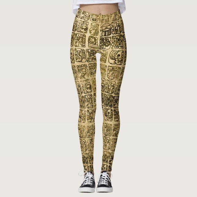 Legging Ouro maia e asteca dos glyphs na textura do (Frente)