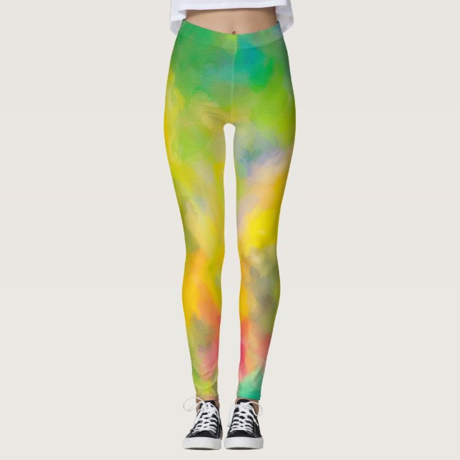 Legging Padrão Abstratado de Arte Botânica Amarela e Verde (Frente)