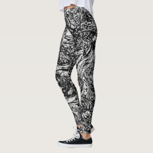 Legging Padrão Abstrato da Natureza em Preto e Branco