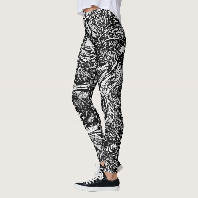 Legging Padrão Abstrato da Natureza em Preto e Branco (Esquerda)