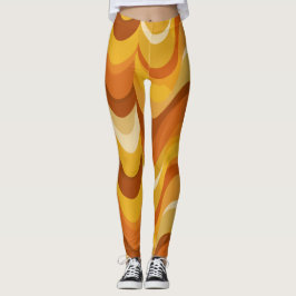 Legging Padrão Abstrato de Onda Laranja Mostarda Retro dos
