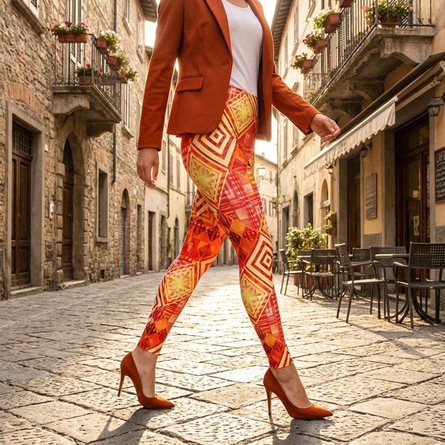 Legging Padrão Abstrato Geométrico Moderno (Unique leggings featuring a geometric abstract pattern in warm terra cotta and orange)