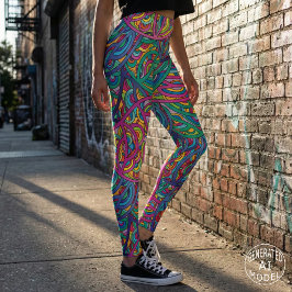 Legging Padrão Abstrato Neon de Doodle Psicodélico Retrô