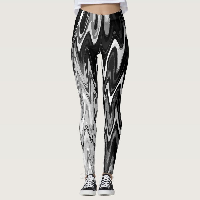 Legging Padrão Abstrato Preto e Branco Ondulado (Frente)