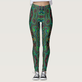 Legging Padrão Abstrato Trippy Retro Preto e Verde Lima