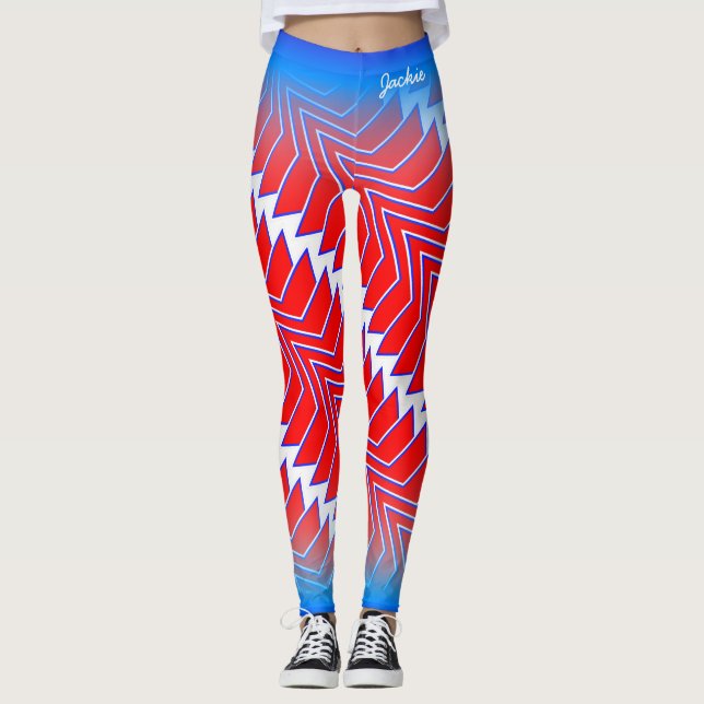 Legging Padrão Abstrato Vermelho Branco Azul com o Seu Nom (Frente)
