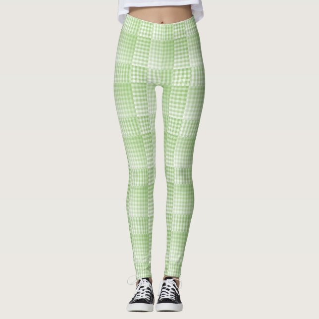 Legging Padrão Abstrato Xadrez Verde Branco (Frente)