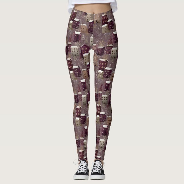 Legging Padrão Aconchegante da Vila de Inverno com Neve (1 (Frente)