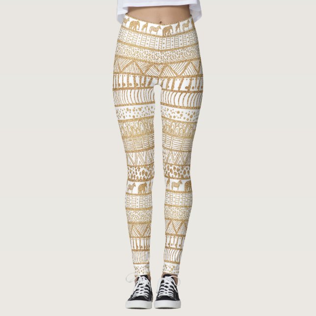 Legging Padrão Africano Dourado Tribal Trendy White (Frente)