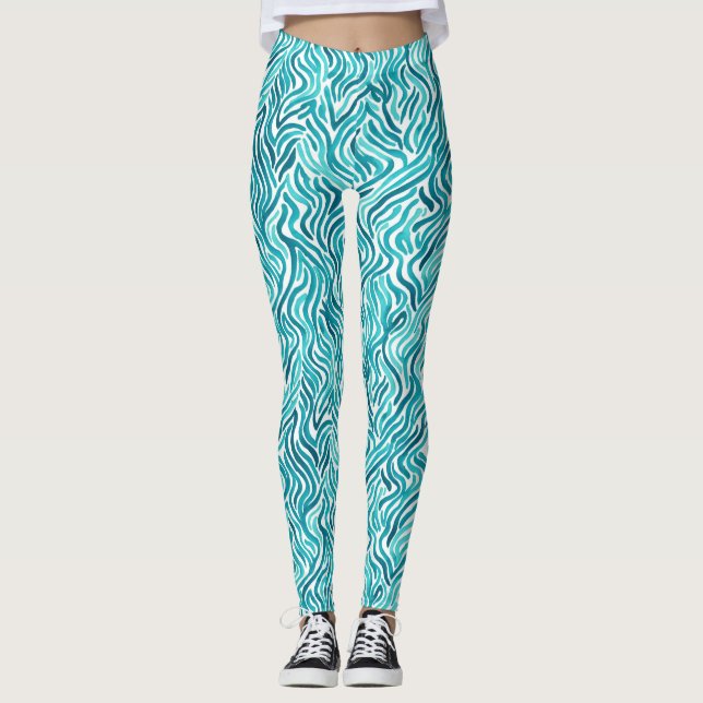 Legging Padrão Aquarela de Ondas do Oceano Turquesa na Mod (Frente)