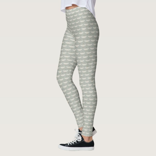 Legging Padrão Art Déco de Pássaros Grous Neutros em Azul  (Esquerda)