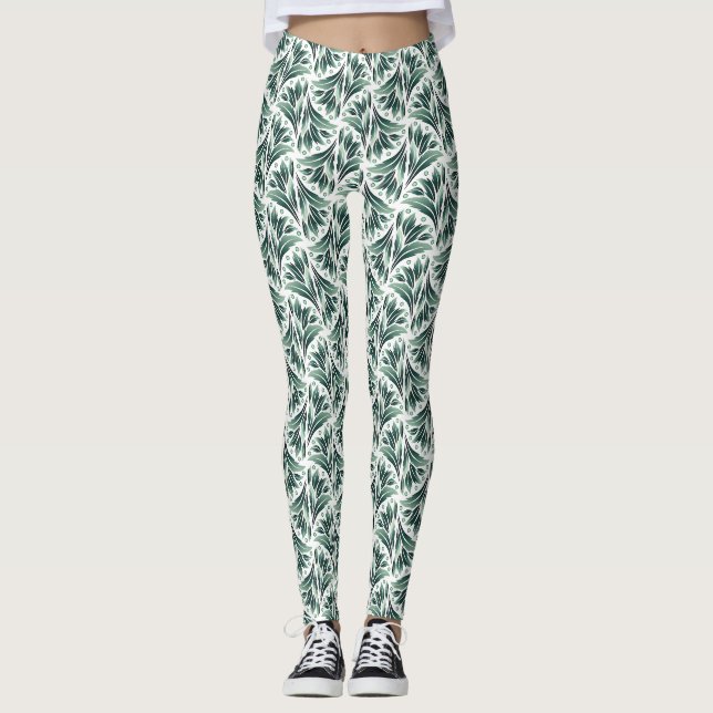 Legging Padrão Art Déco Elegante com Folhagem Verde (Frente)