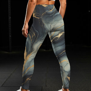 Legging Padrão Artístico de Mármore Azul Meia-Noite e Dour