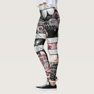 Legging Padrão Aztec Floral Rosa Púrpura e Rosa Preto