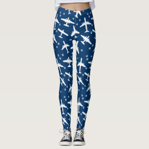 Legging Padrão Azul e Branco da Aeronave Marinho Escuro