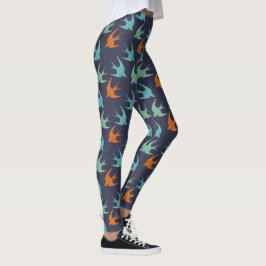 Legging Padrão Azul Laranja e Pássaro Verde