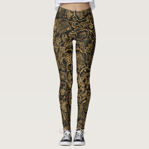 Legging Padrão Barroco Floral Dourado em Preto