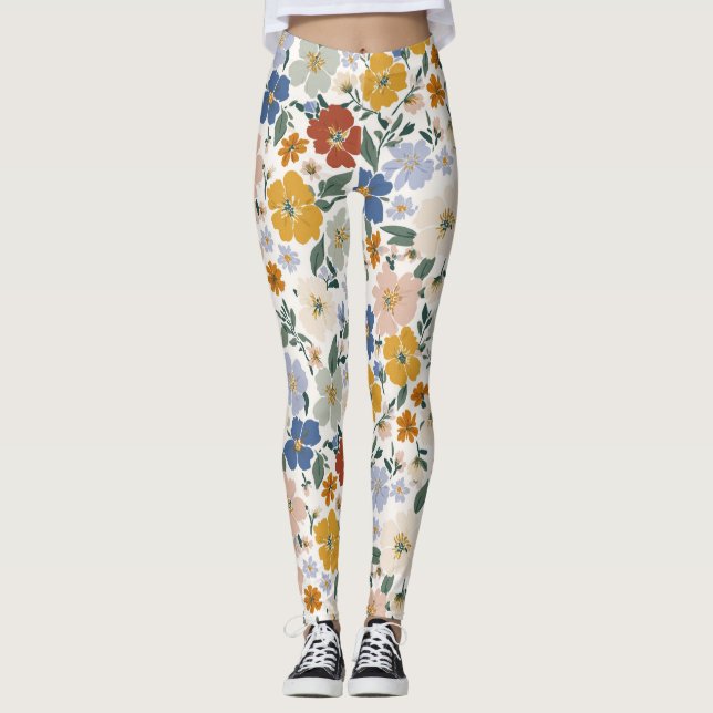 Legging Padrão Boho de Prado de Flores Silvestres (Frente)