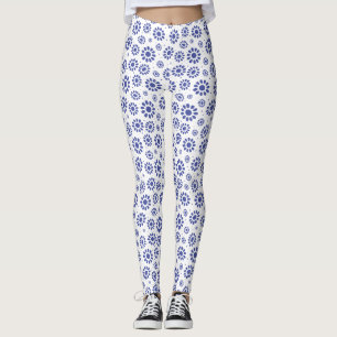 Legging Padrão bonito de margarida azul e Abstrato branco